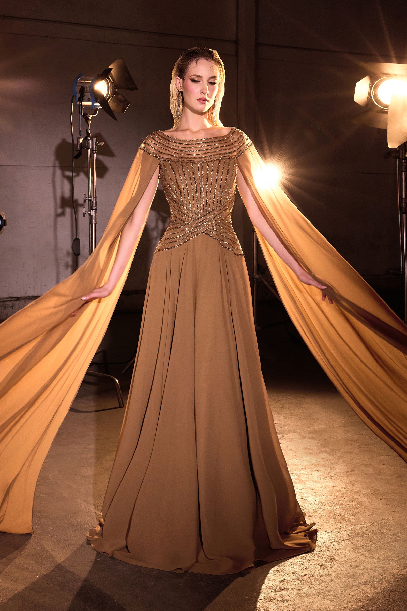 Chiffon Cape Sleeve A-line Gown by Ladivine CL08 – ABC Fashion