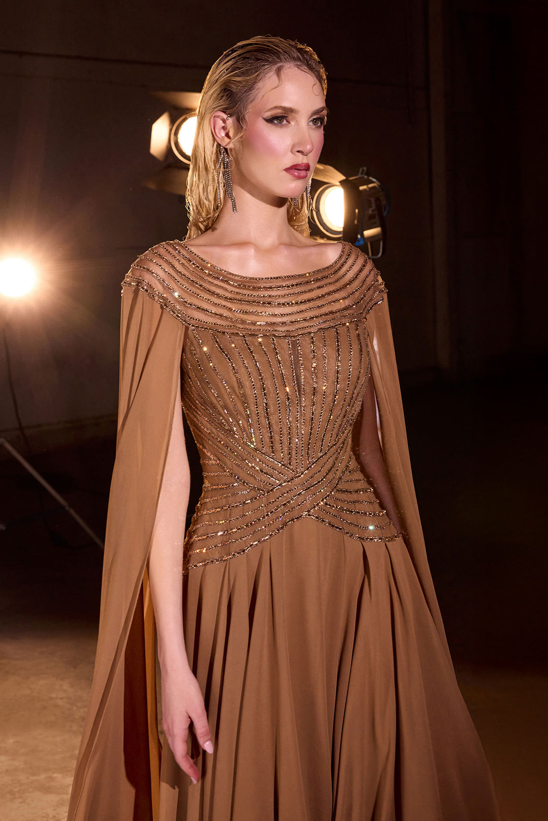 Chiffon Cape Sleeve A-line Gown by Ladivine CL08