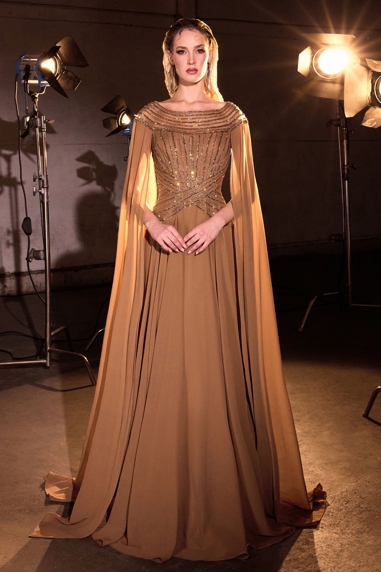 Chiffon Cape Sleeve A-line Gown by Ladivine CL08 – ABC Fashion