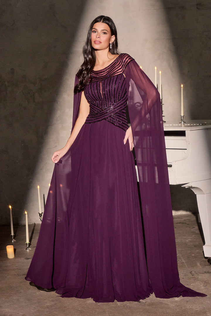 Chiffon Cape Sleeve A-line Gown by Ladivine CL08