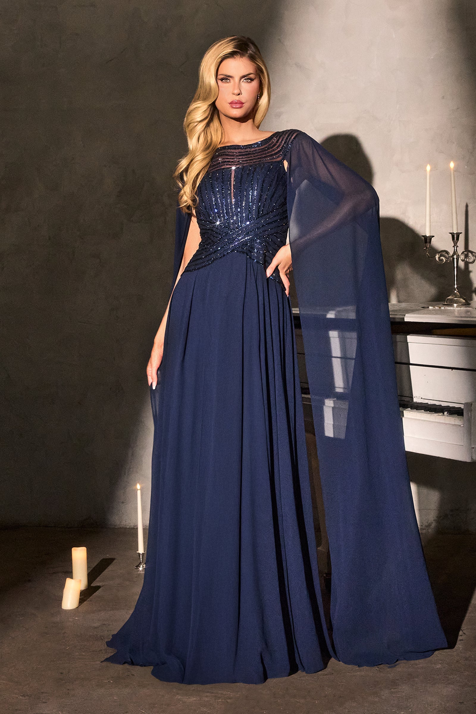 Chiffon Cape Sleeve A-line Gown by Ladivine CL08 – ABC Fashion