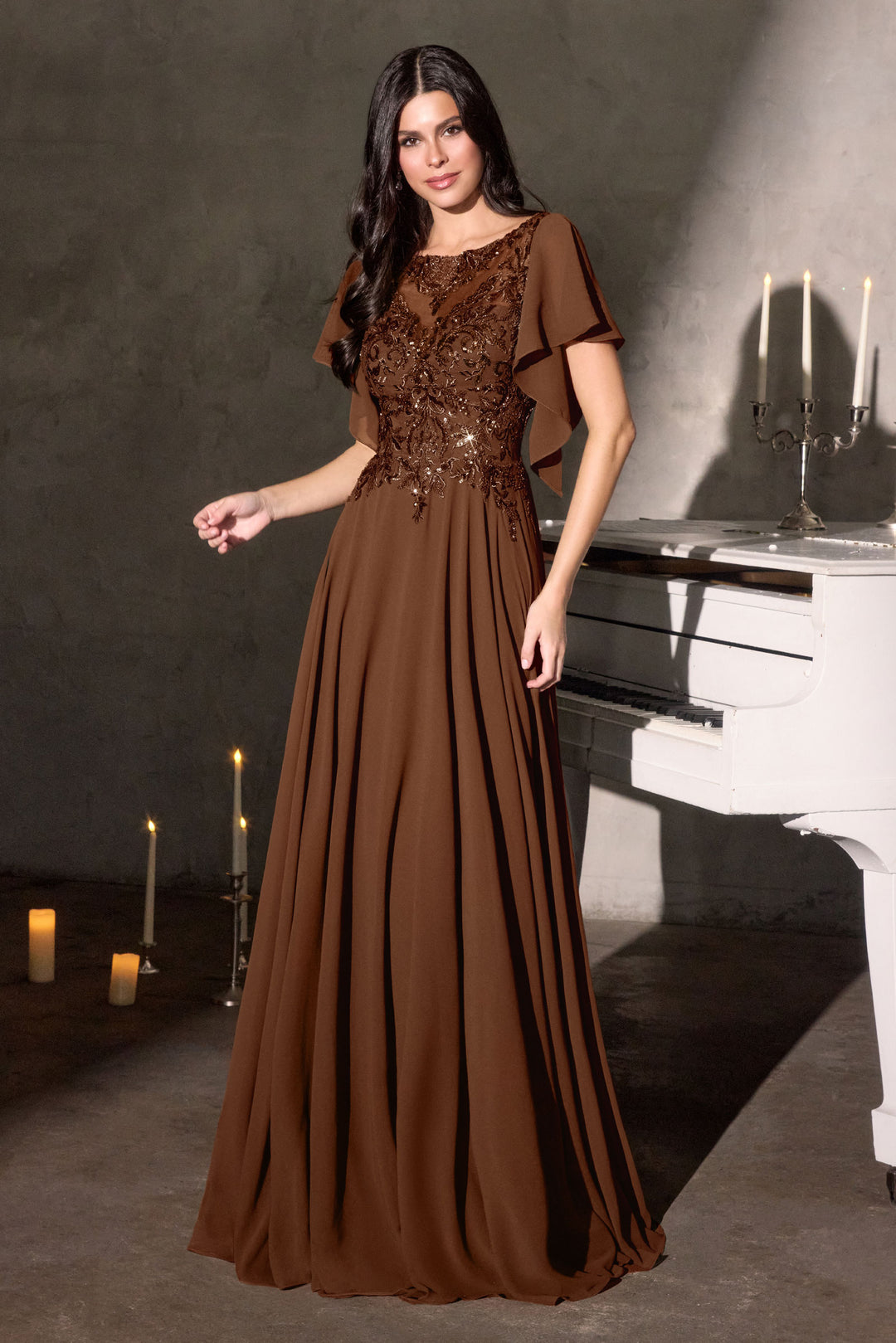 Chiffon Short Sleeve A-line Gown by Ladivine CL09