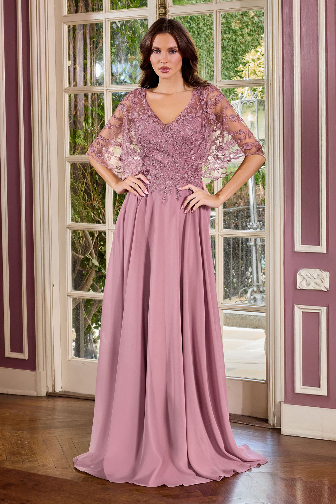 Applique Chiffon Capelet A-line Gown by Ladivine CL10