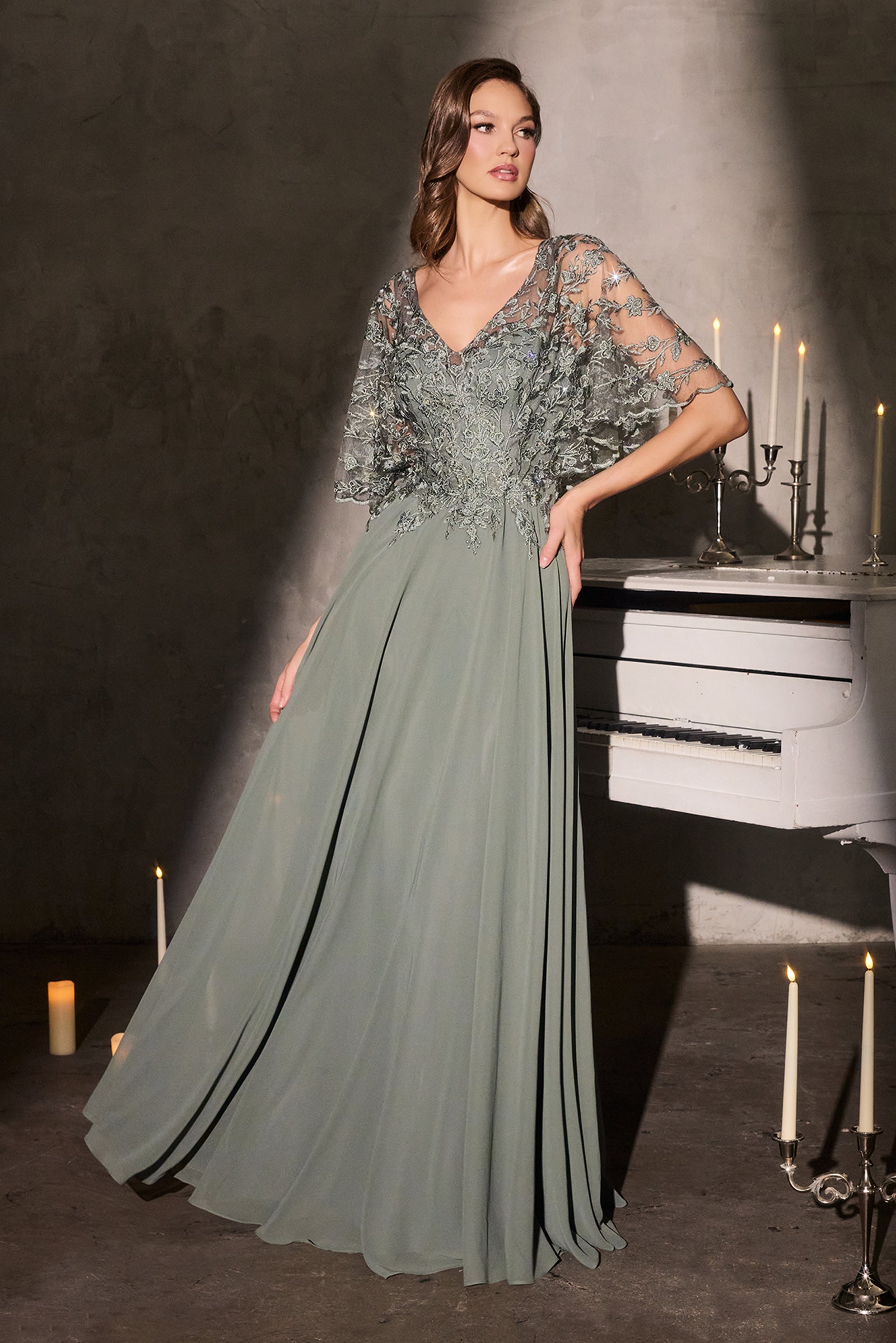 Applique Chiffon Capelet A-line Gown by Ladivine CL10 – ABC Fashion