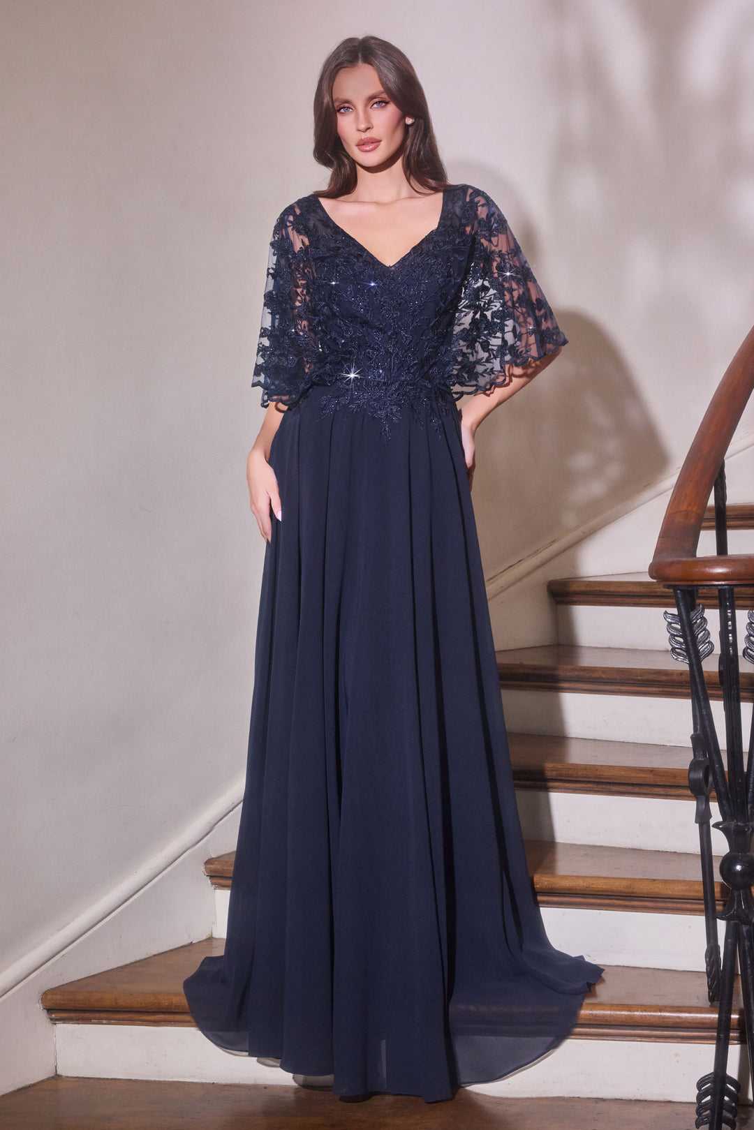 oleg cassini chiffon capelet dress OLEG CASSINI navy chiffon lace-trimmed scoopneck capelet dress size 10