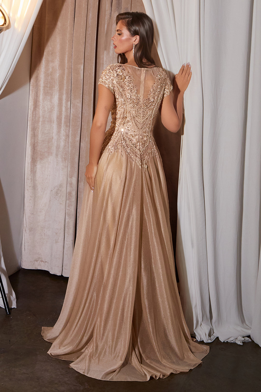 Beaded Short Sleeve A-line Gown by Ladivine CL11