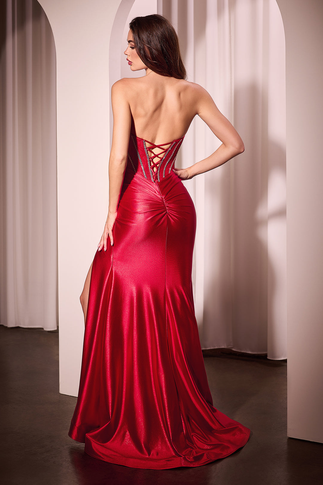 Lace Bodice Satin Strapless Slit Gown by Ladivine CM368