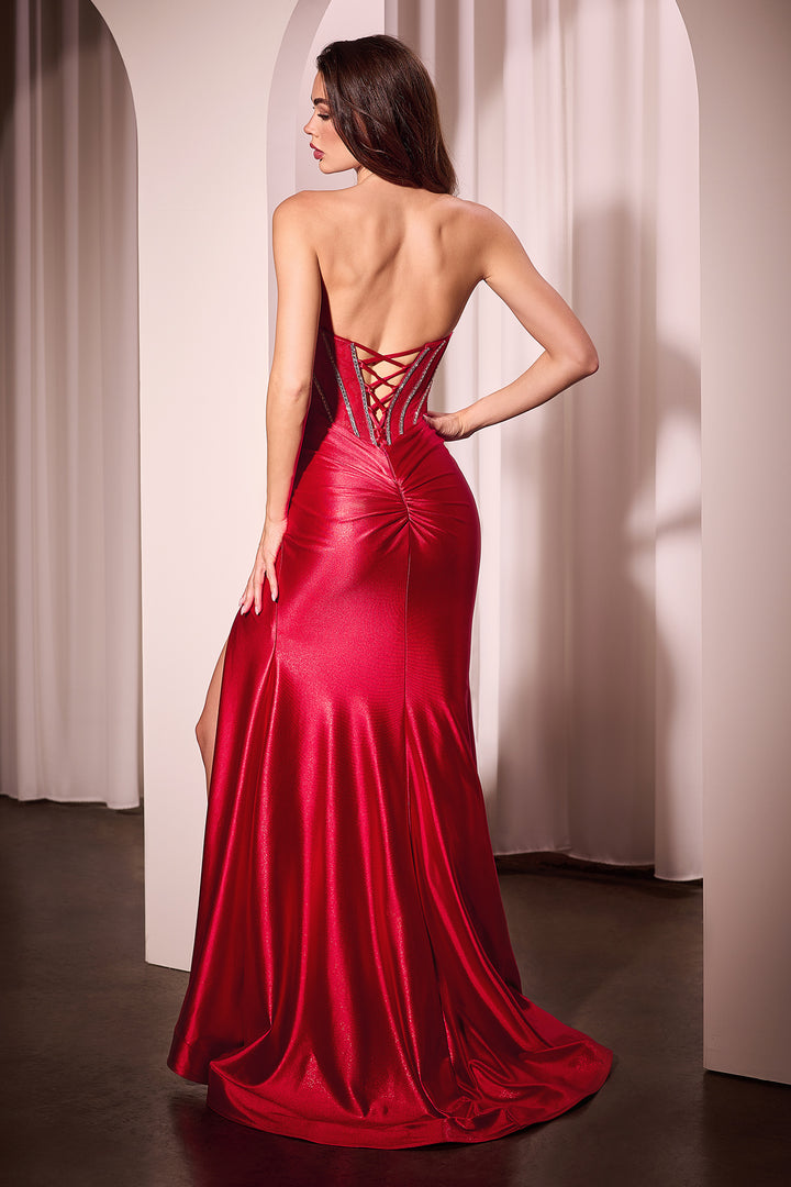 Lace Bodice Satin Strapless Slit Gown by Ladivine CM368
