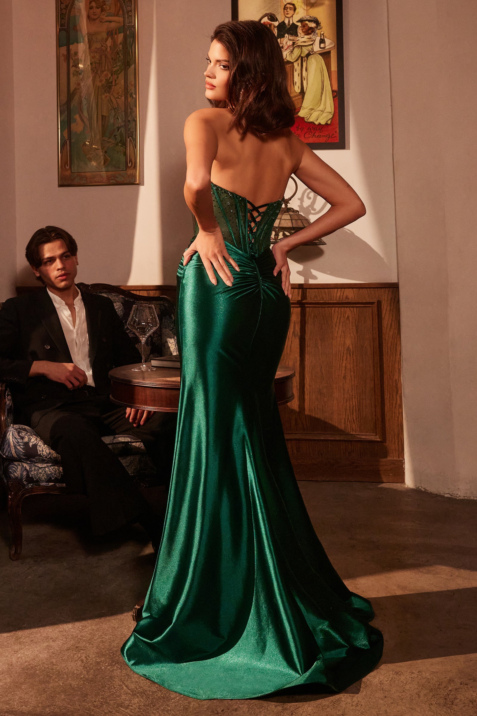Beaded Satin Strapless Slit Gown by Ladivine CM378 – ABC Fashion