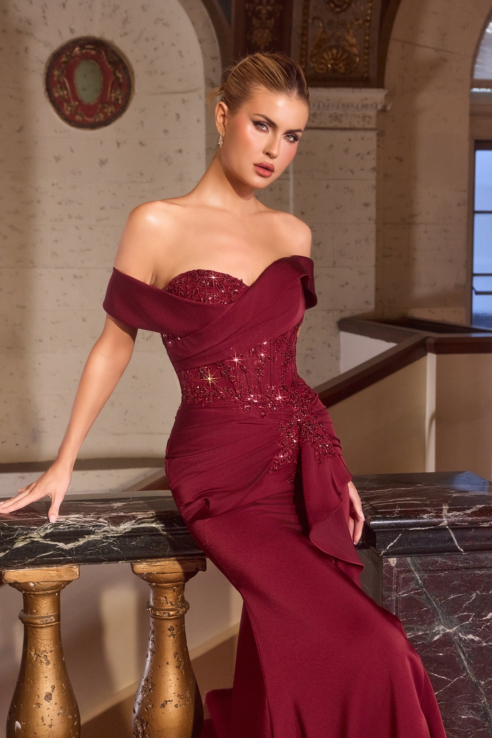 Applique Off Shoulder Slit Gown by Ladivine CM387 – ABC Fashion