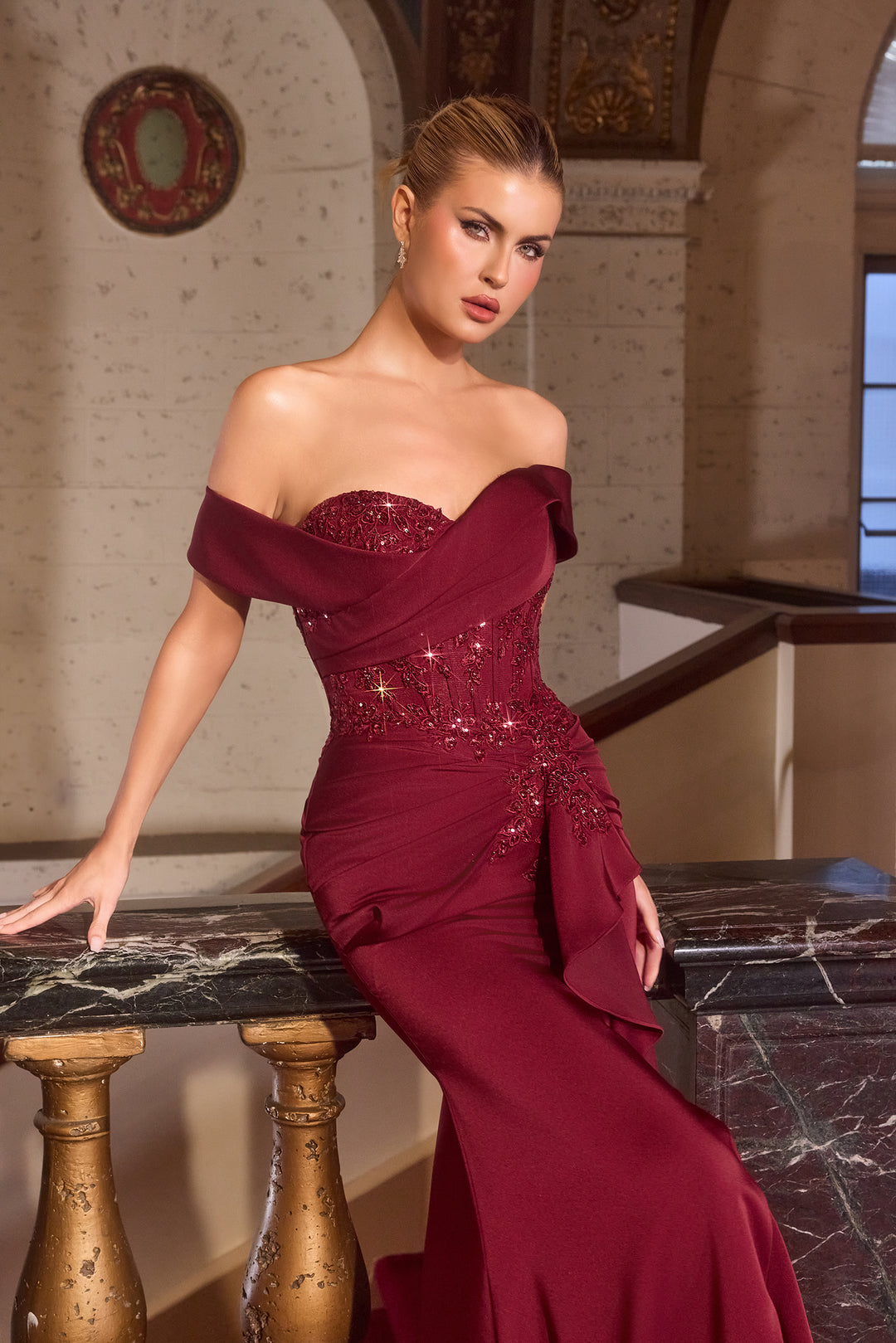 Applique Off Shoulder Slit Gown by Ladivine CM387