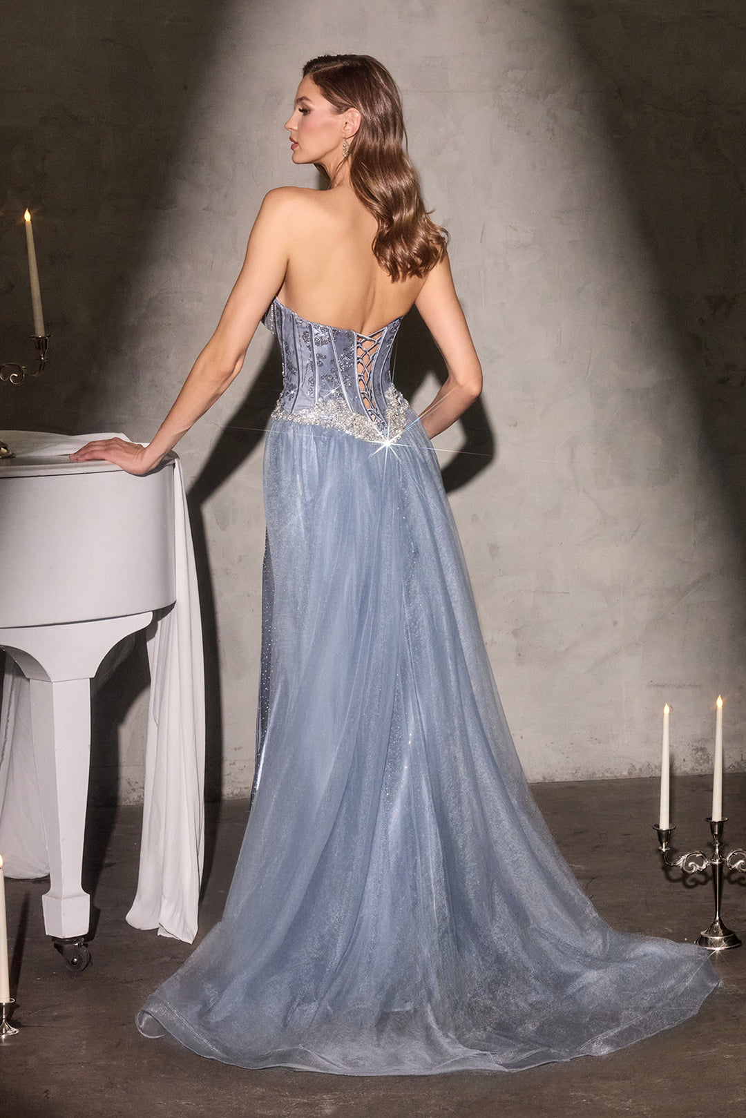 Beaded Strapless Overskirt Gown by Ladivine CM392