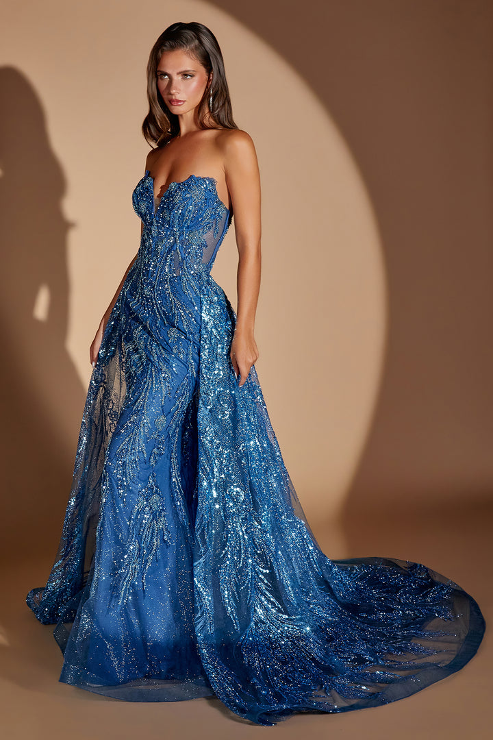 Beaded Strapless Overskirt Gown by Ladivine CM393