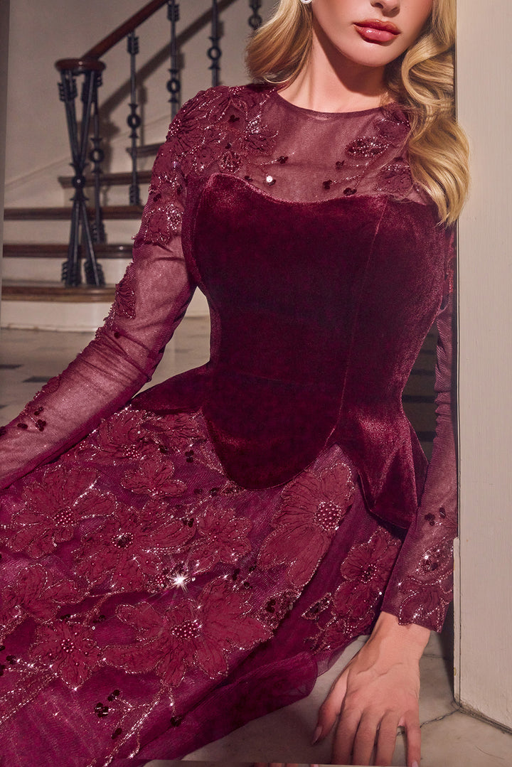Velvet Tulle Long Sleeve A-line Gown by Ladivine CM394