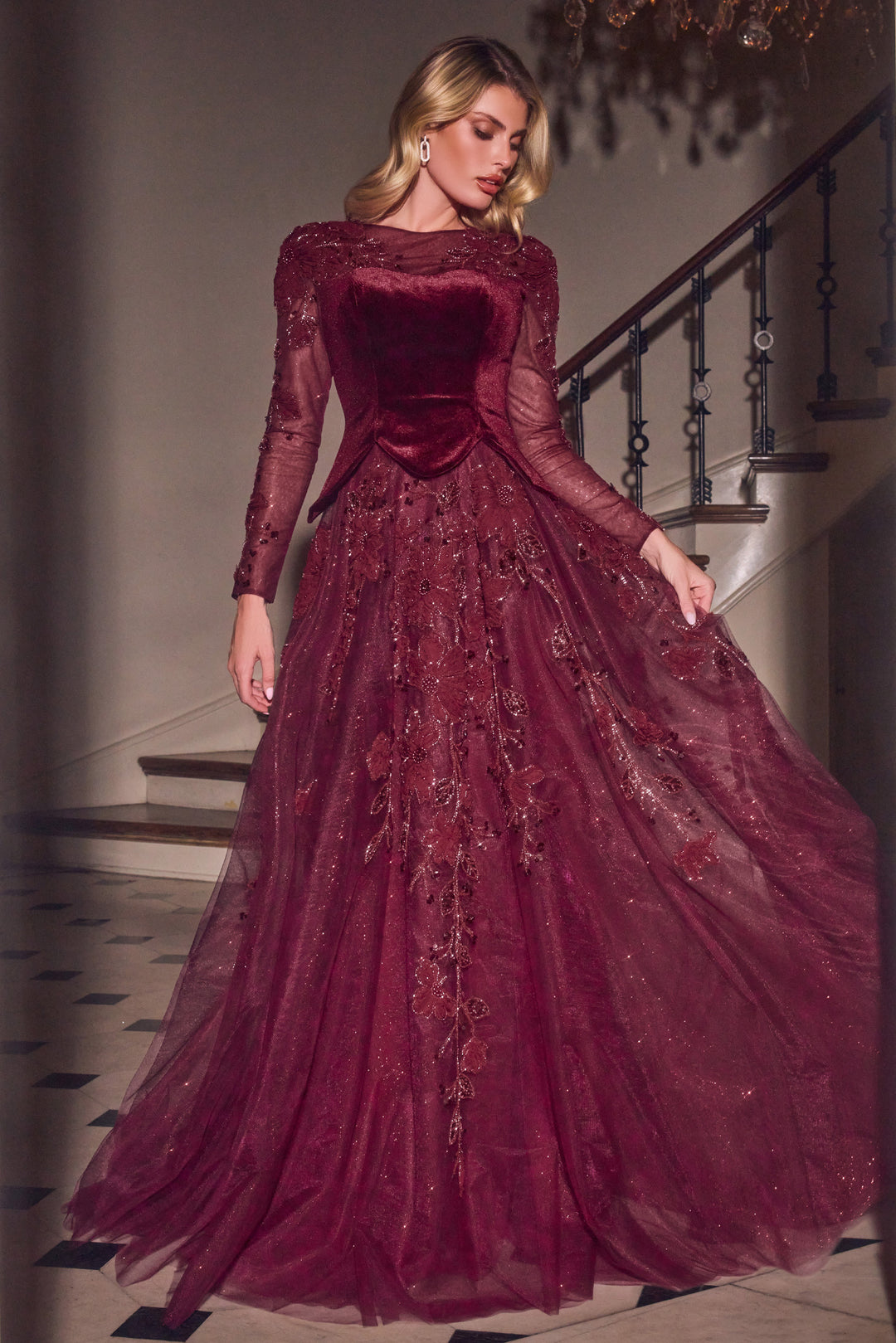 Velvet Tulle Long Sleeve A-line Gown by Ladivine CM394