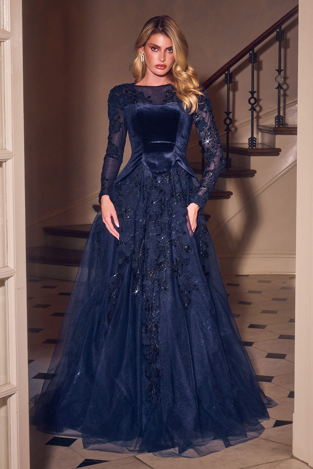 Velvet Tulle Long Sleeve A-line Gown by Ladivine CM394