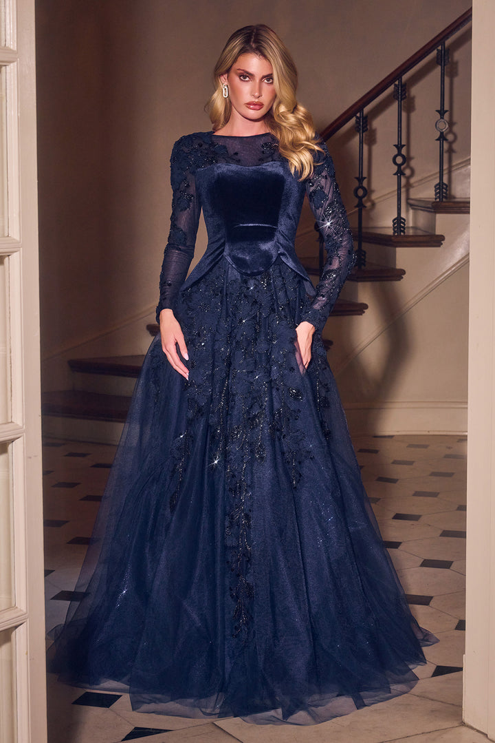 Velvet Tulle Long Sleeve A-line Gown by Ladivine CM394