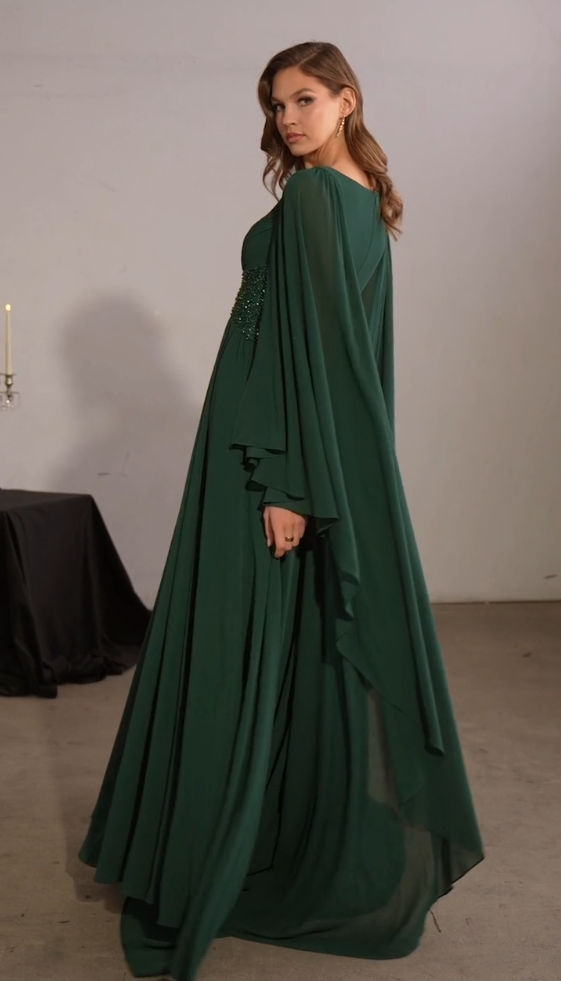 Chiffon Cape Sleeve A-line Gown by Ladivine CM8244
