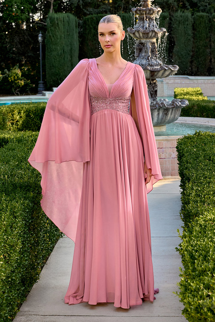 Chiffon Cape Sleeve A-line Gown by Ladivine CM8244