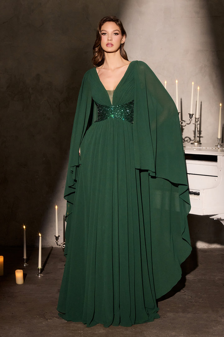 Chiffon Cape Sleeve A-line Gown by Ladivine CM8244
