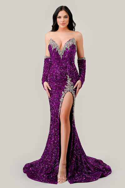 Fitted Sequin Strapless Slit Gown with Gloves by Ladivine CP639