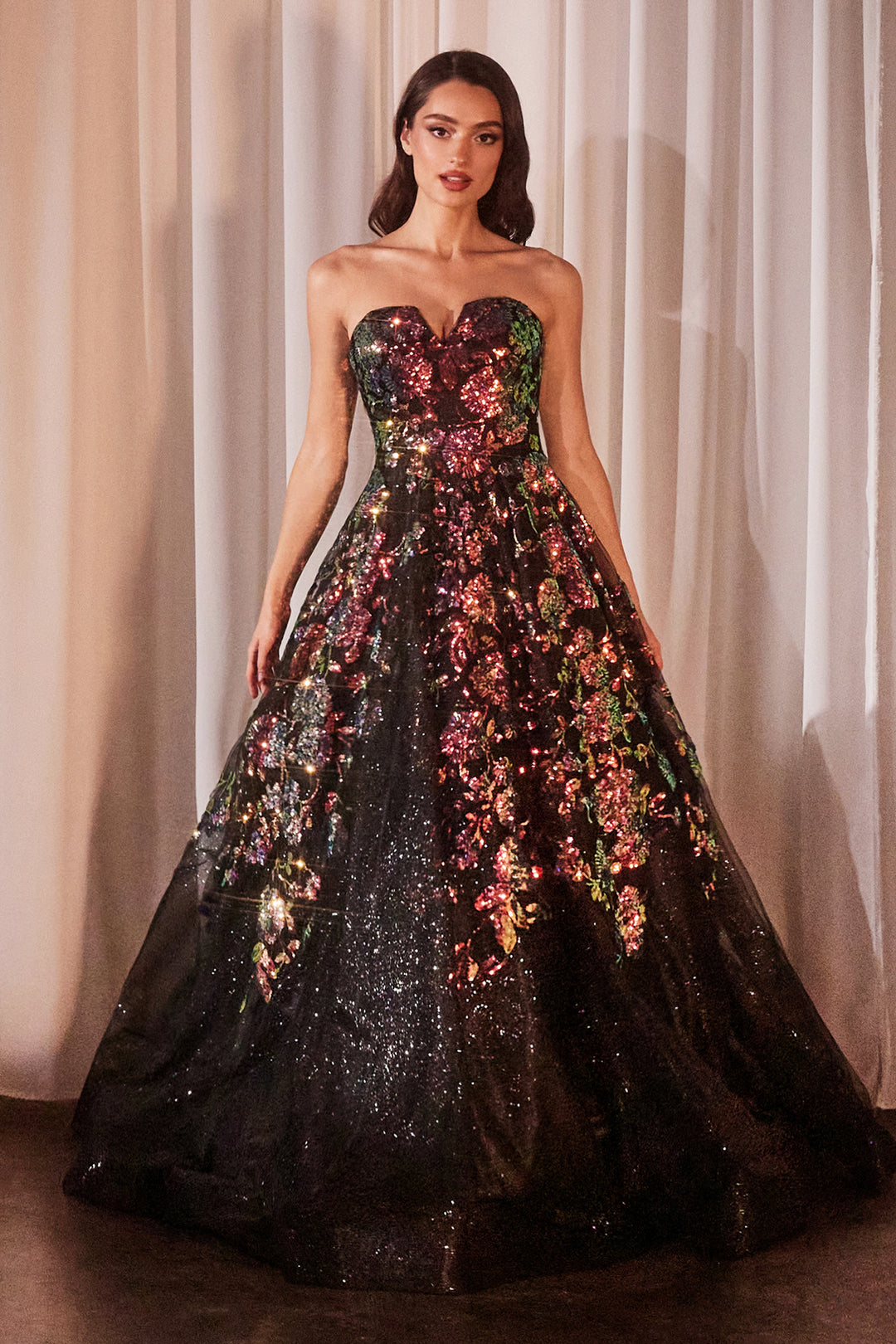 Floral Sequin Print Strapless Ball Gown by Ladivine CR380