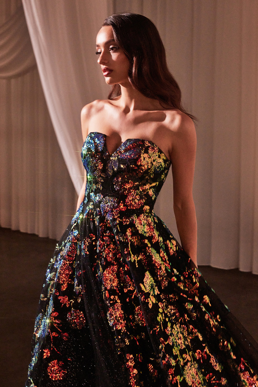 Floral Sequin Print Strapless Ball Gown by Ladivine CR380