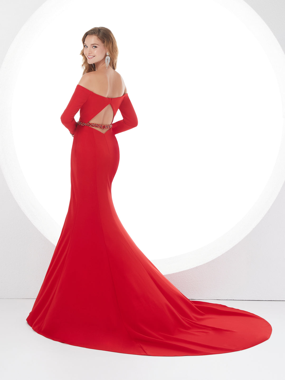 Jersey Off Shoulder Long Sleeve Slit Gown by Panoply 14109