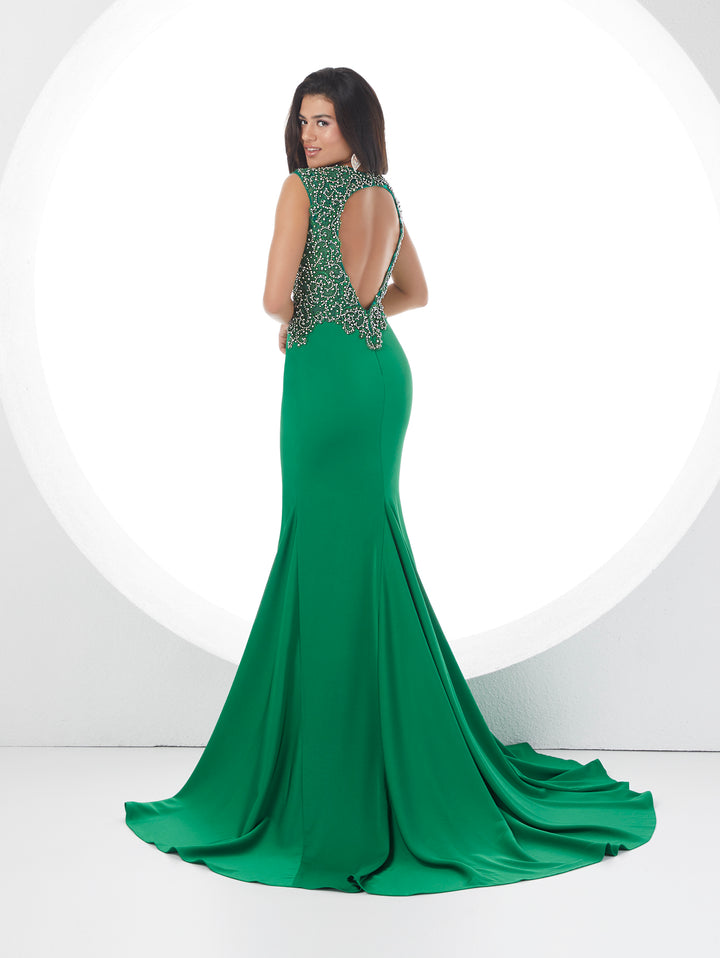 Fitted Beaded Satin V-Neck Slit Gown by Panoply 14117