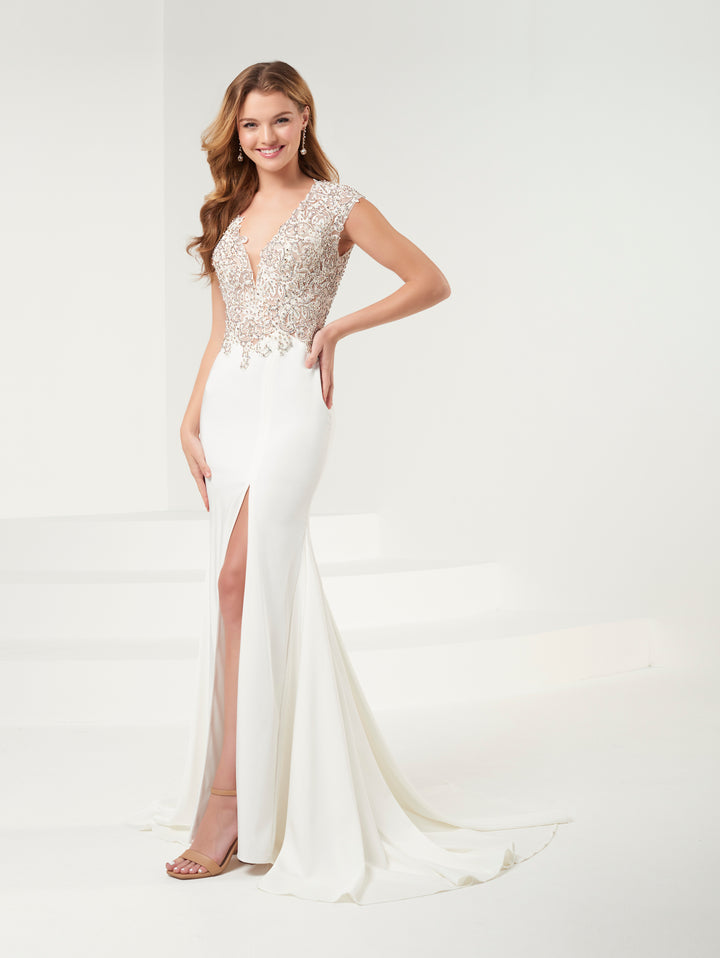 Fitted Beaded Satin V-Neck Slit Gown by Panoply 14117