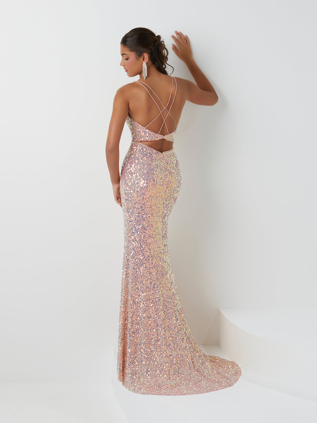 Fitted Sequin Strappy Back Slit Gown by Tiffany Designs 16921