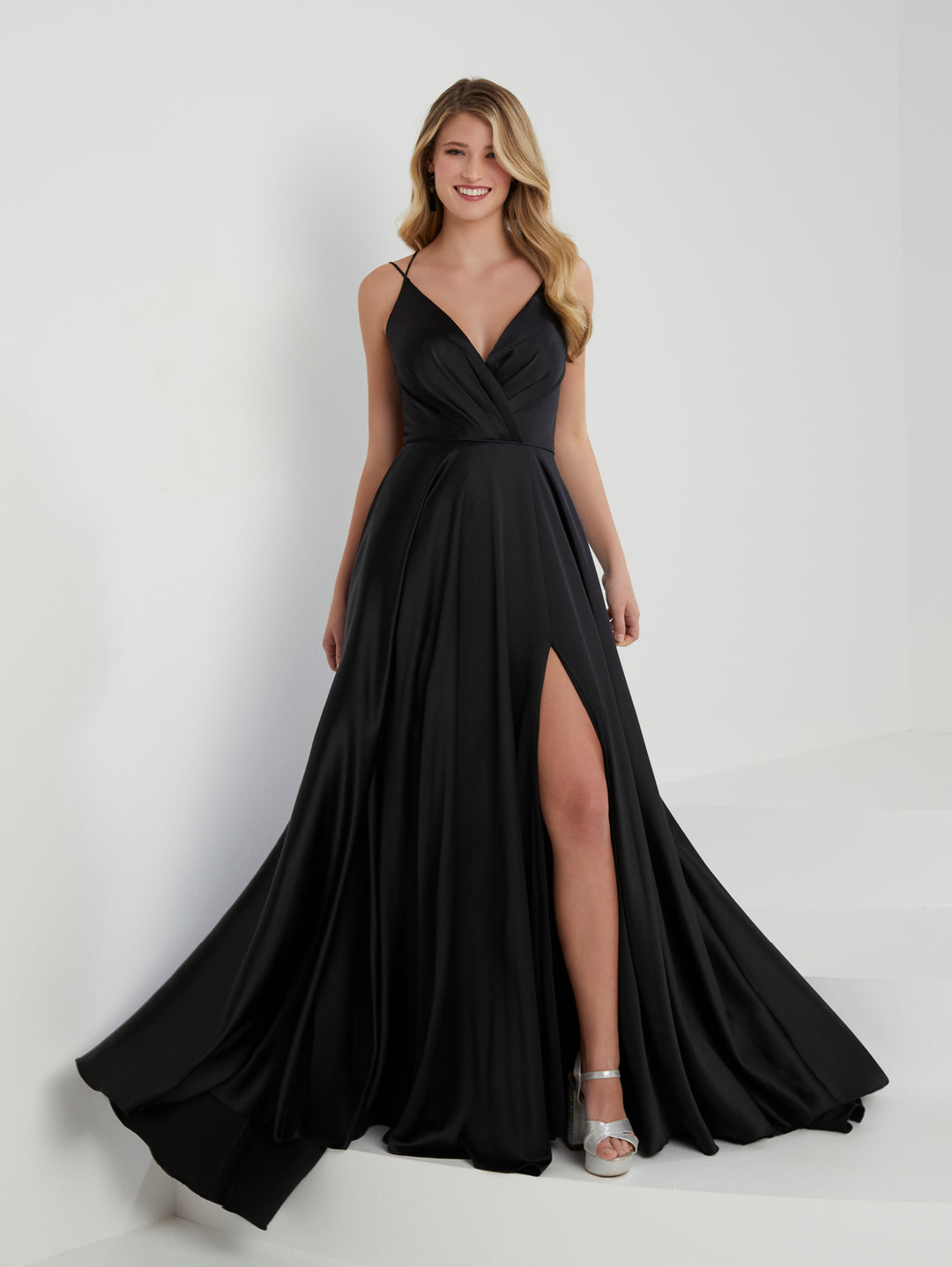 Crepe Satin Pocket Slit Gown by Tiffany Designs 16924