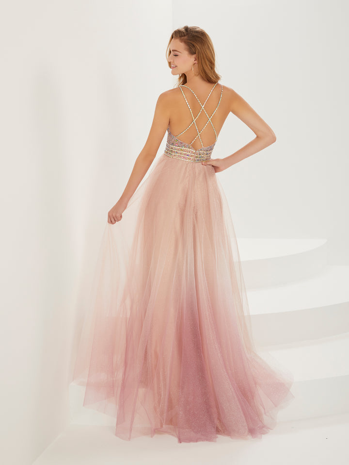 Beaded Ombre Tulle V-Neck Gown by Tiffany Designs 16925