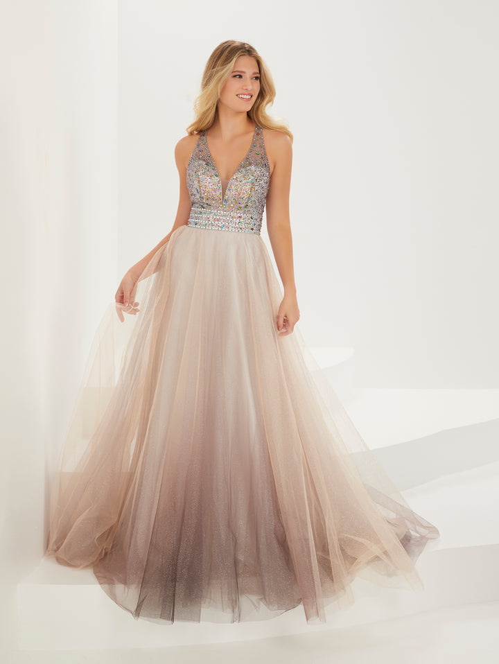 Beaded Ombre Tulle V-Neck Gown by Tiffany Designs 16925