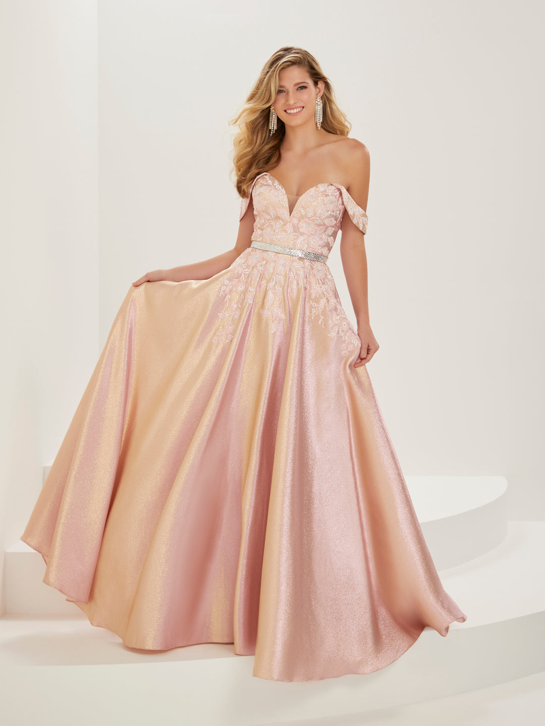 Applique Off Shoulder Shimmer Gown by Tiffany Designs 16936