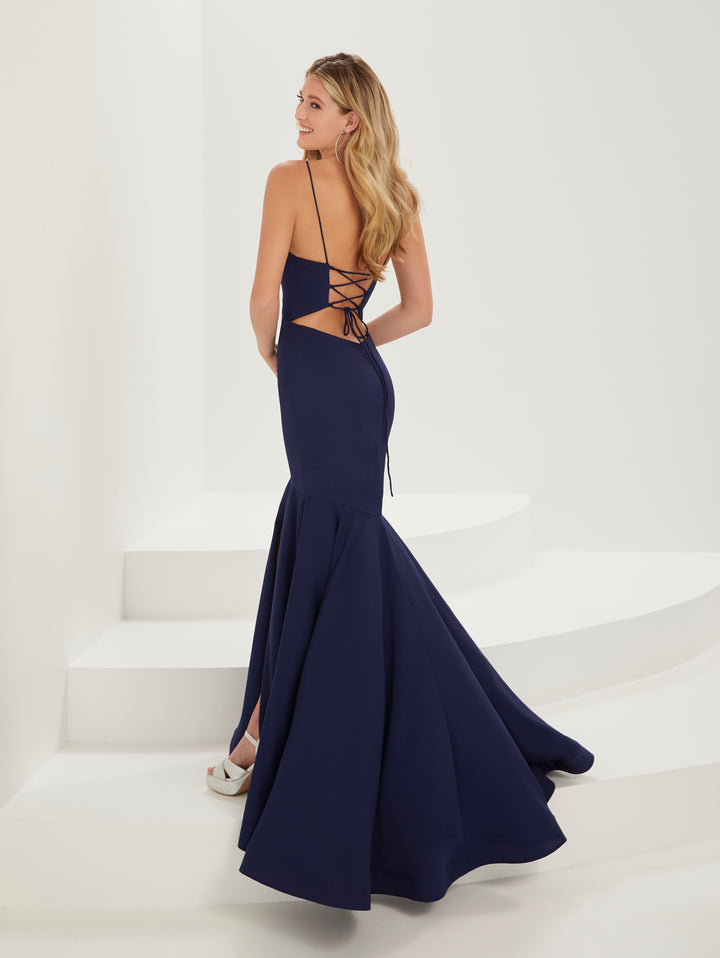 Fitted Crepe V-Neck Slit Gown by Tiffany Designs 16949