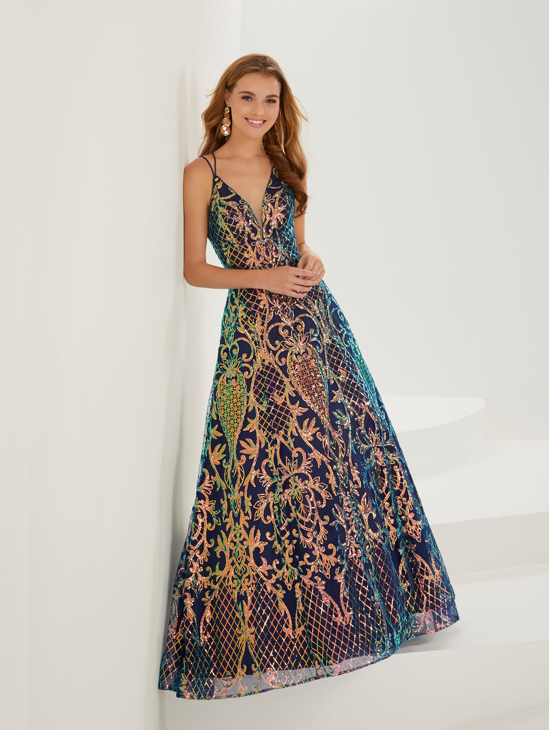 Sequin Print Illusion V-Neck Gown by Tiffany Designs 16951