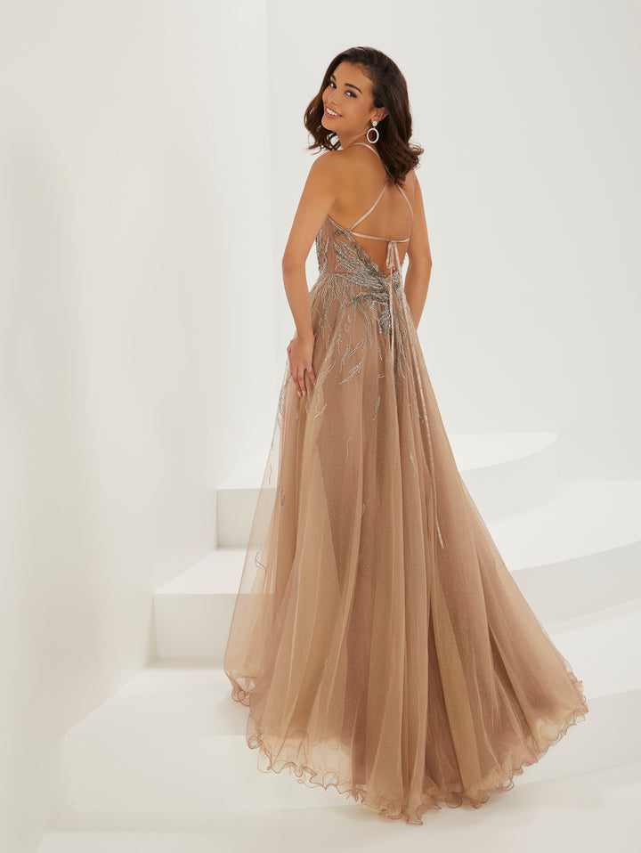 Beaded Glitter Tulle V-Neck Slit Gown by Tiffany Designs 16953