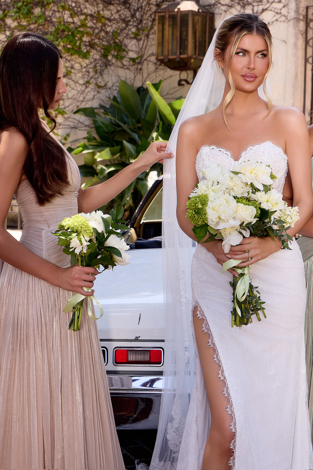 White Lace Strapless Slit Gown by Ladivine CDS550W