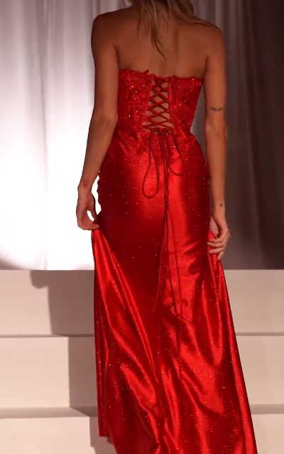 Glitter Satin Strapless Slit Gown by Ladivine CDS521