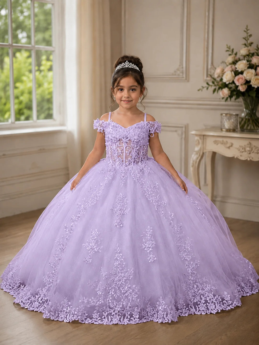 Girls Applique Cold Shoulder Gown by Calla SCK-340