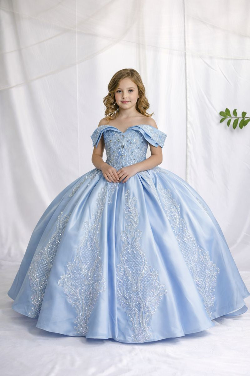 Girls Beaded Satin Off Shoulder Gown by Calla SCK-319