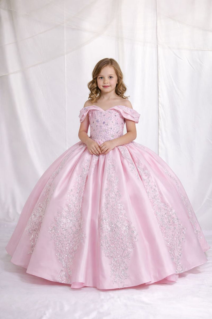 Girls Beaded Satin Off Shoulder Gown by Calla SCK-319