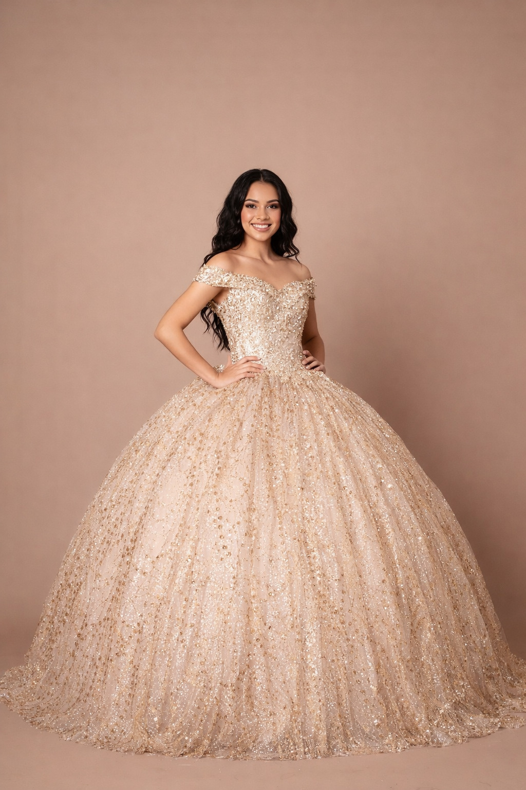 Applique Off Shoulder Cape Ball Gown by Calla SCL-30003