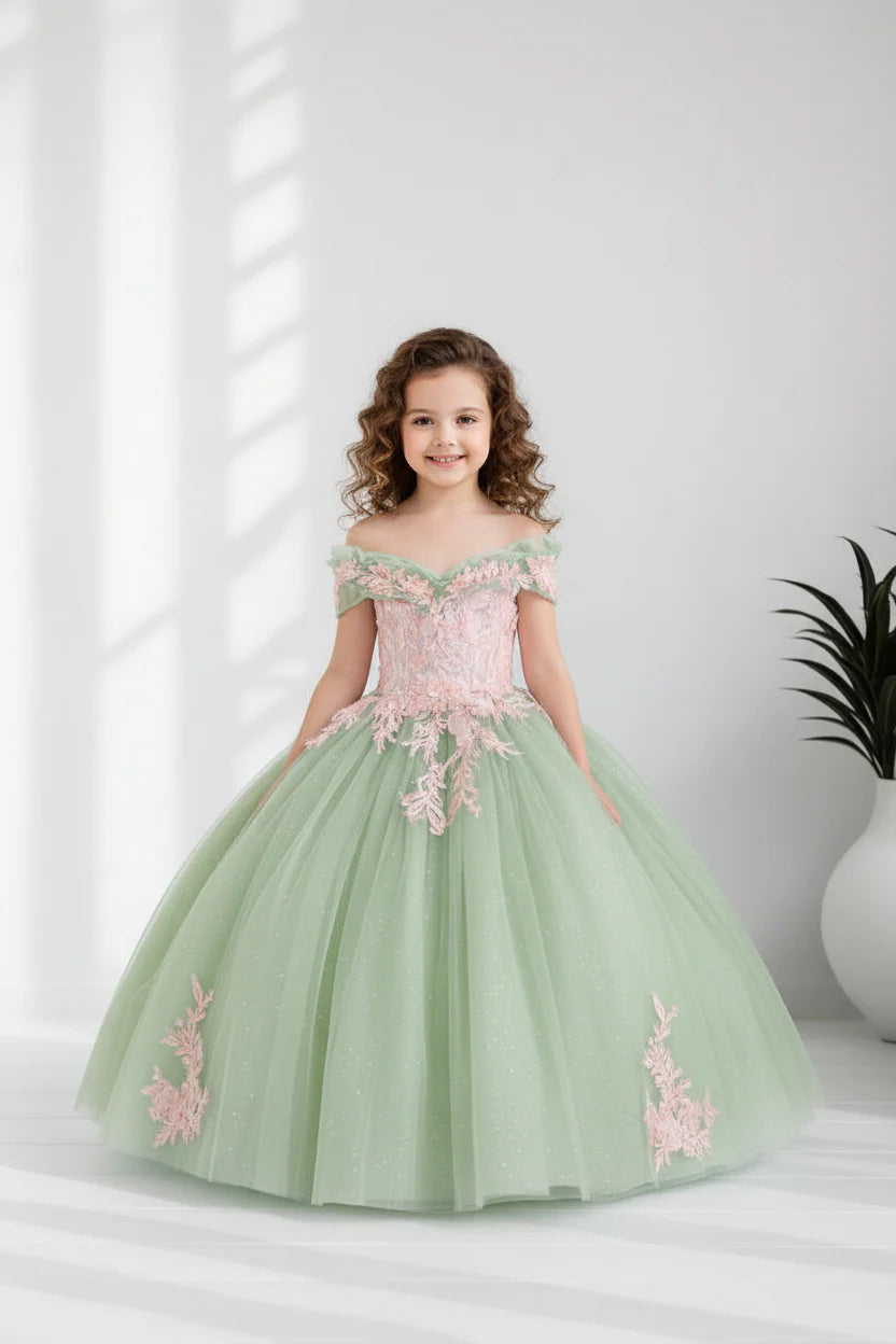 Girls Applique Off Shoulder Gown by Calla SCK-325
