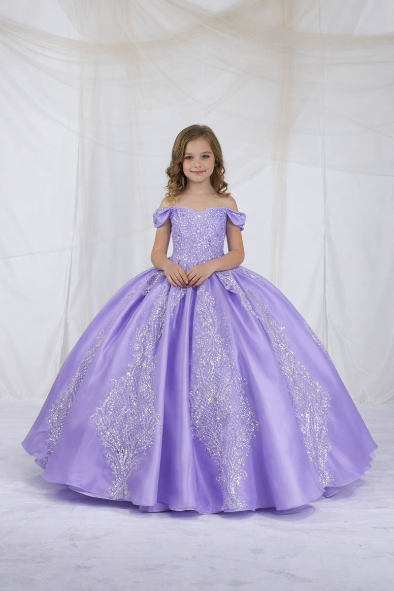 Girls Beaded Satin Off Shoulder Gown by Calla SCK-319