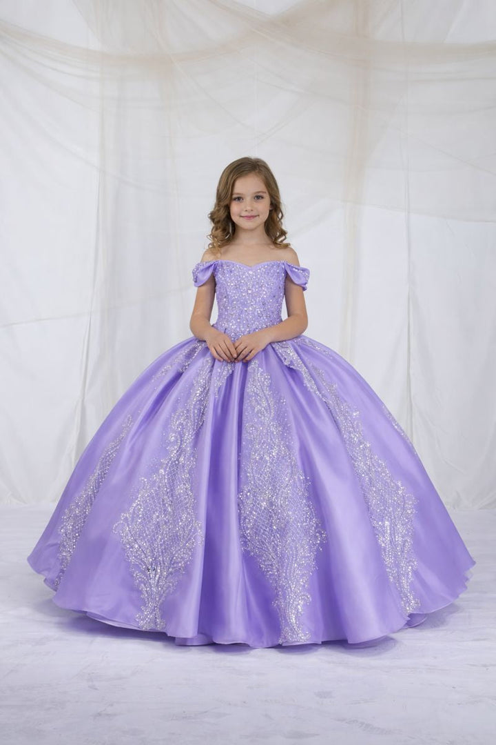 Girls Beaded Satin Off Shoulder Gown by Calla SCK-319