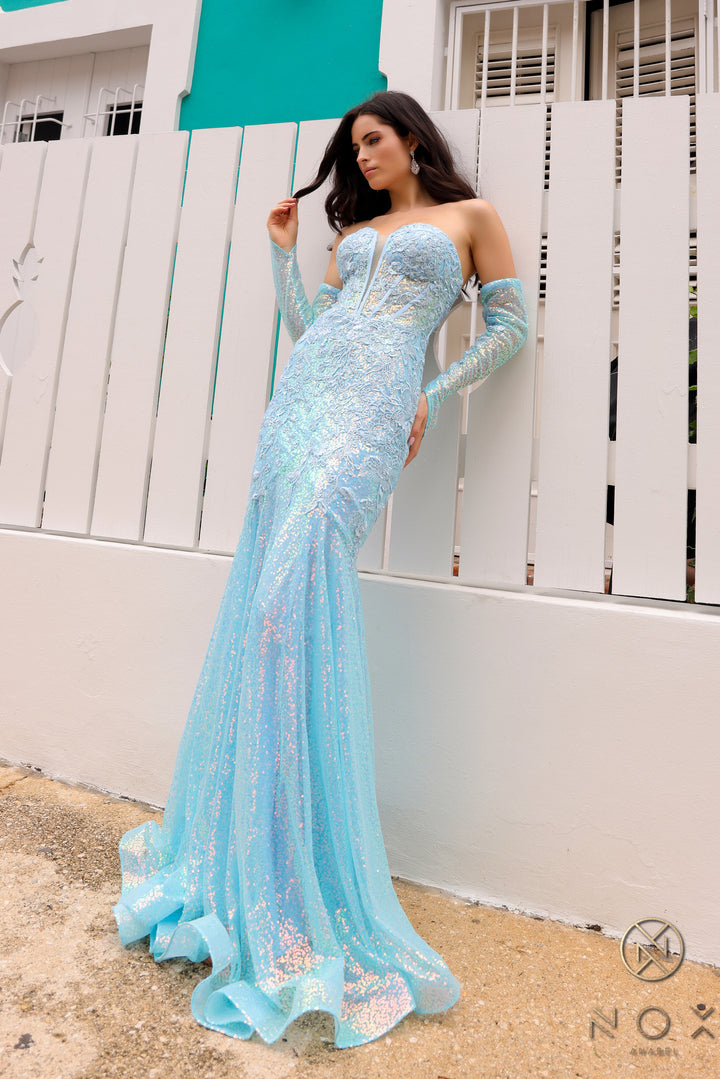 Long Sleeve Strapless Mermaid Gown by Nox Anabel D1263