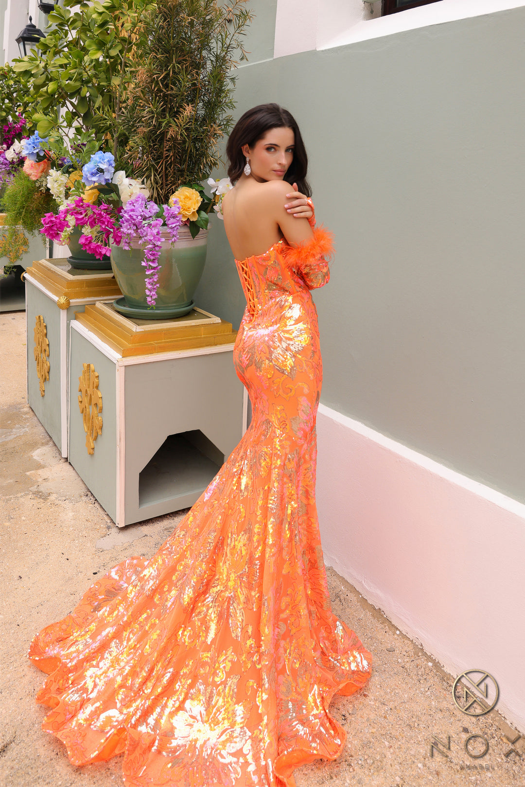 Feather Sleeve Strapless Mermaid Gown by Nox Anabel D1269