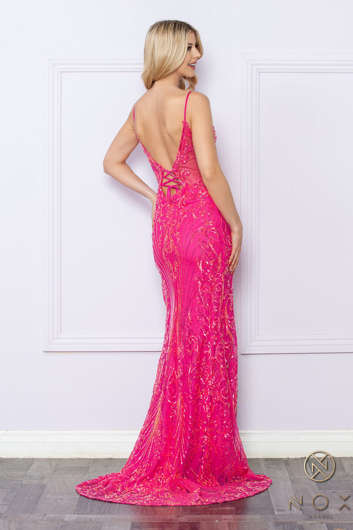Fitted Sequin Print V-Neck Slit Gown by Nox Anabel D1355